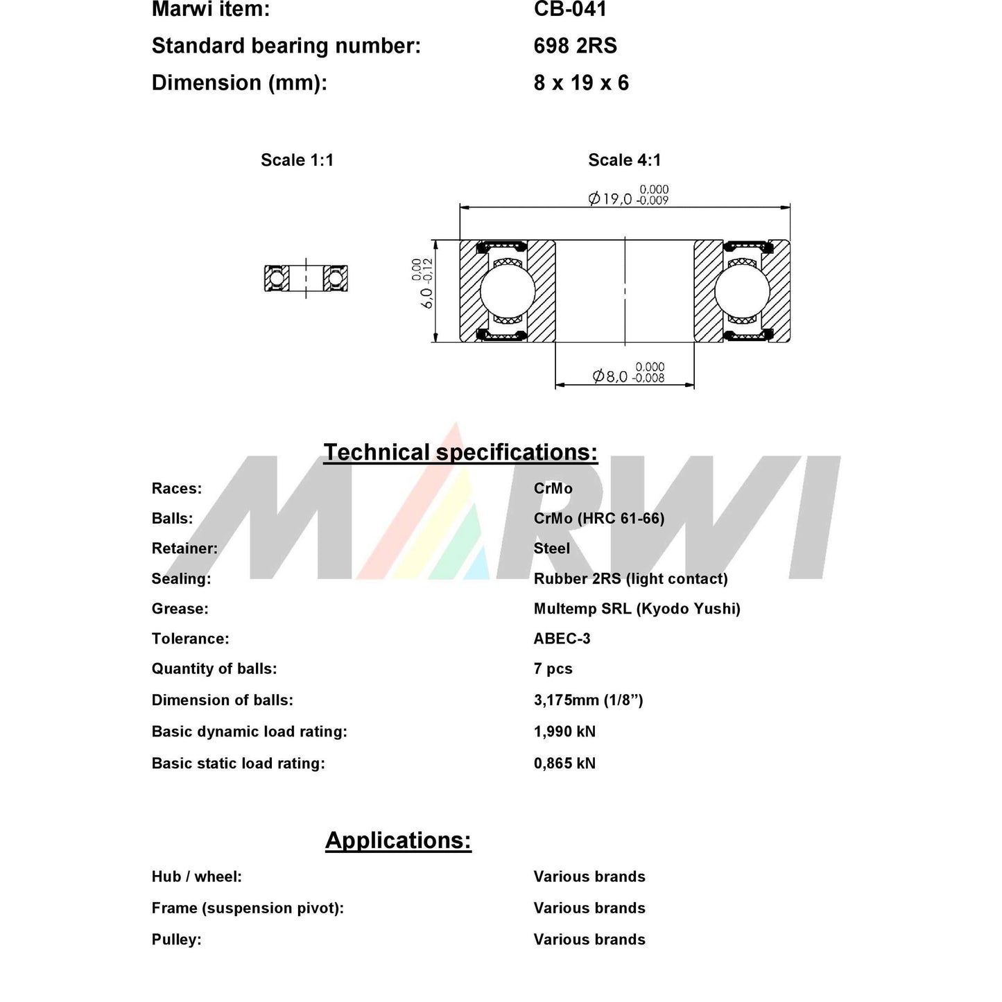 UNION kugellager ball bearing cb-041 8x19x6