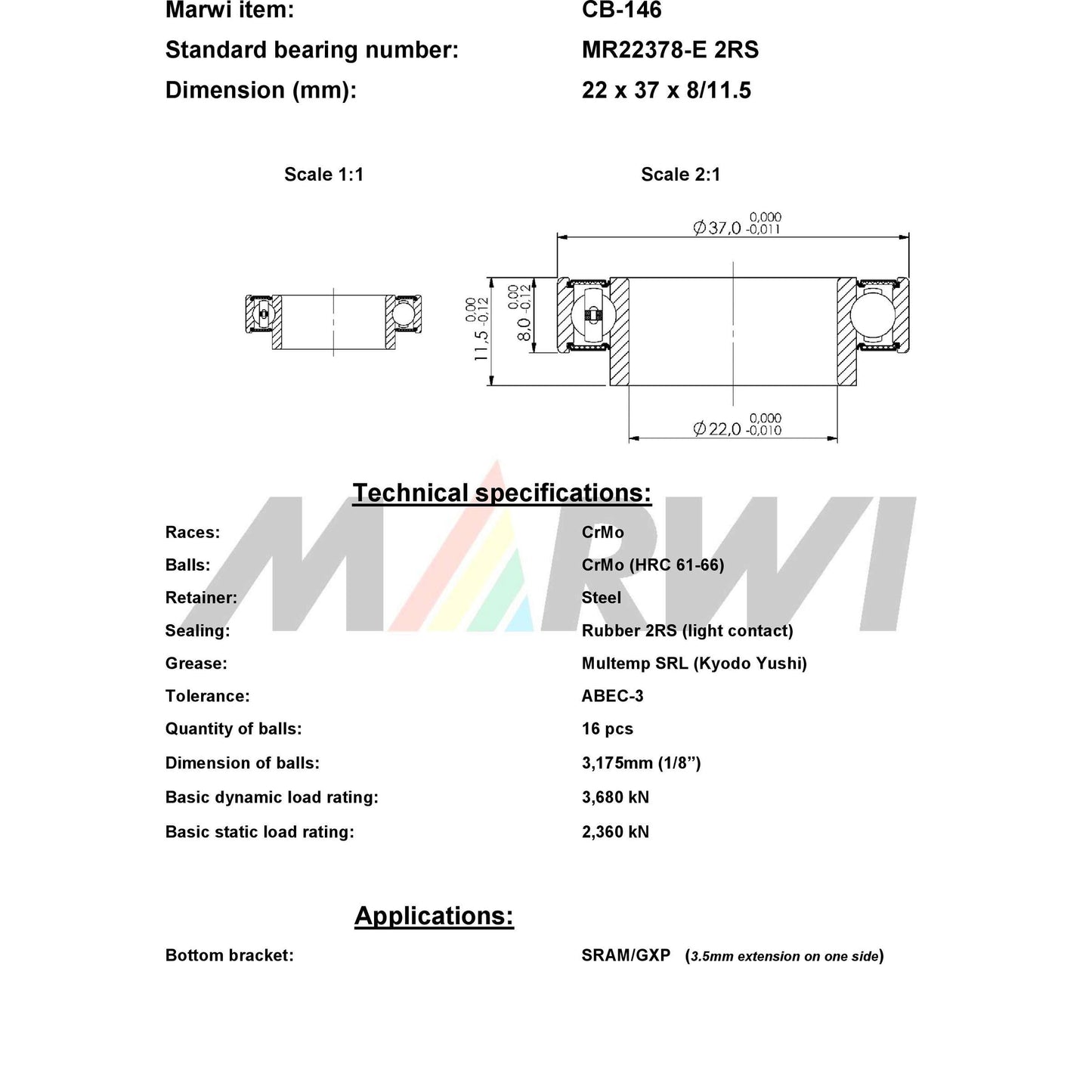 Marwi Union kogellager cb-146 llb mr22378-e 22x37x8 11� ext
