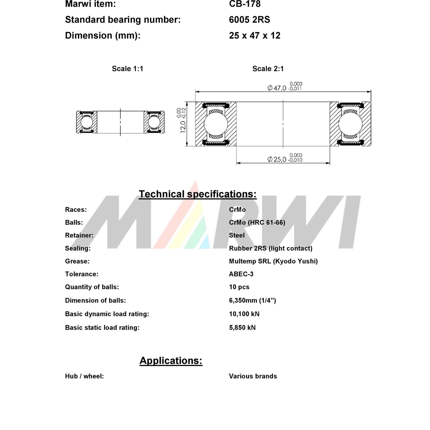 UNION kugellager ball bearing cb-178 25x47x12
