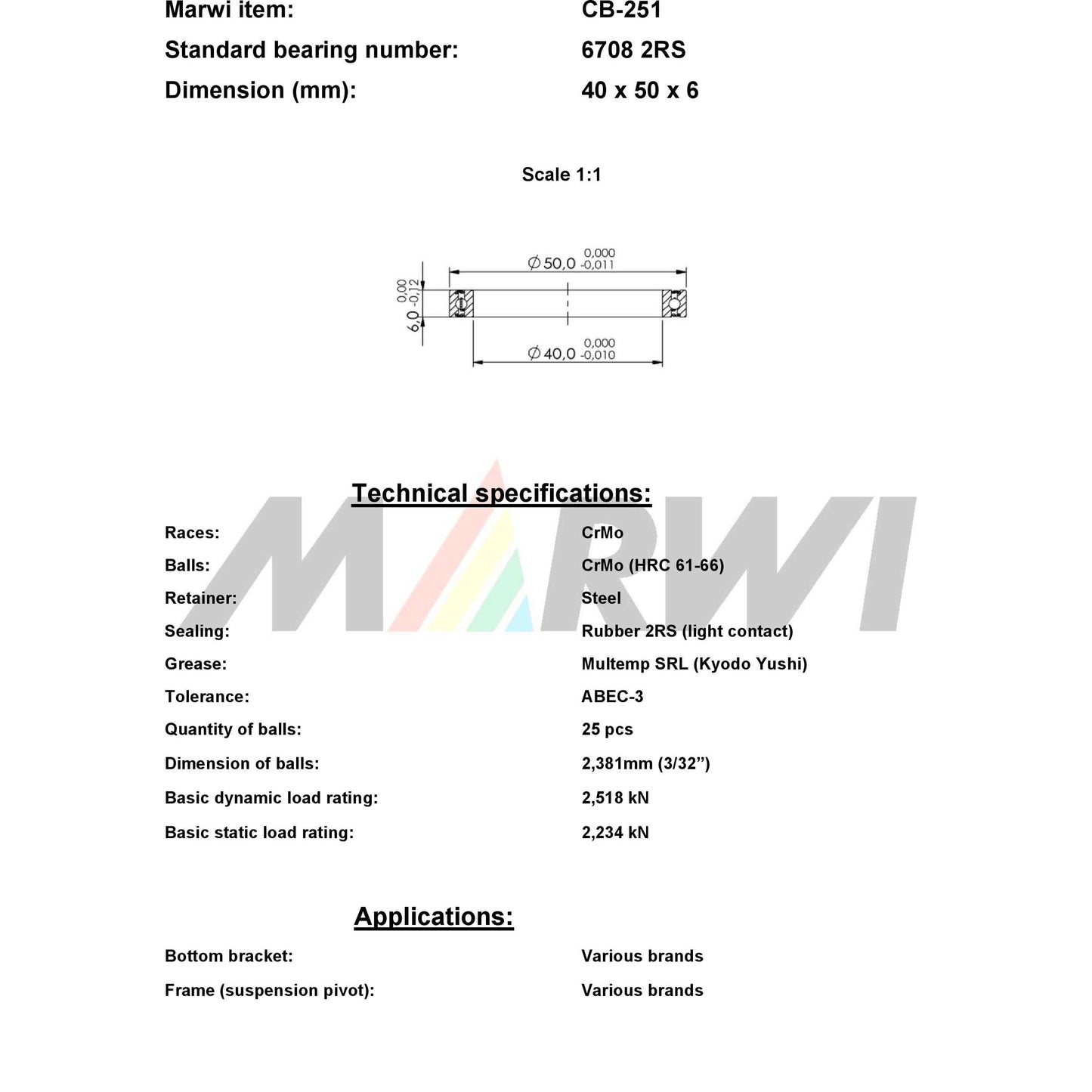 UNION kugellager ball bearing cb-251 40x50x6