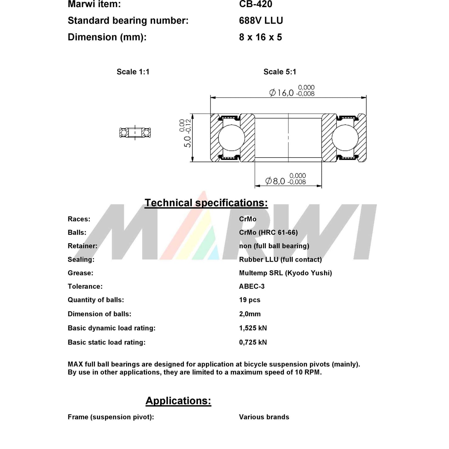 UNION kugellager ball bearing cb-420 8x16x5