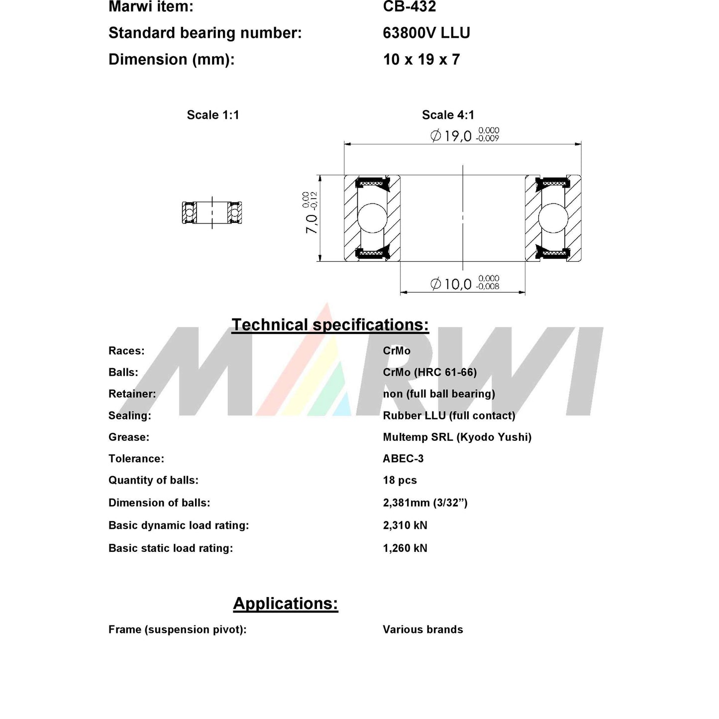 UNION kugellager ball bearing cb-432 10x19x7