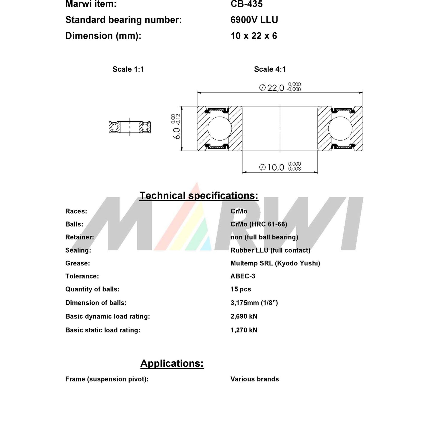 UNION kugellager ball bearing cb-435 10x22x6