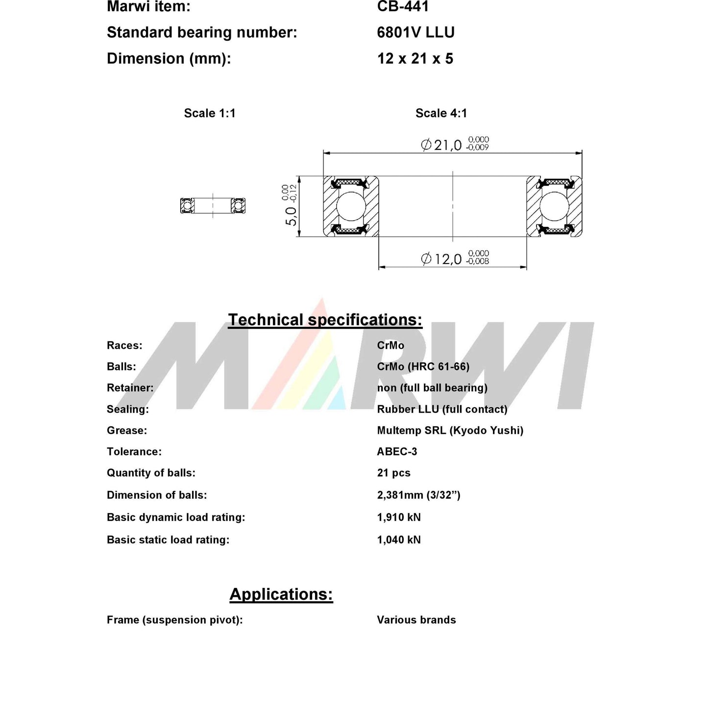 UNION kugellager ball bearing cb-441 12x21x5