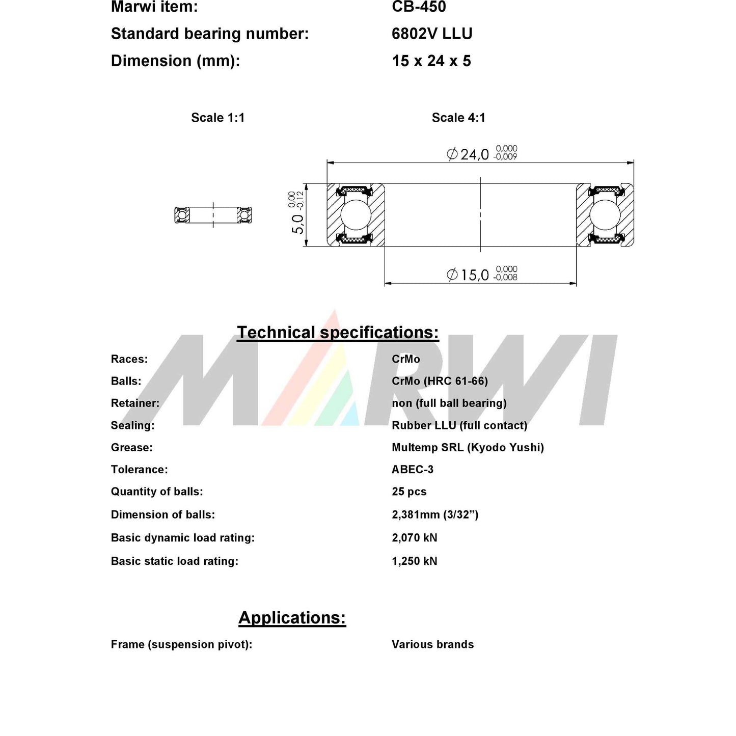 UNION kugellager ball bearing cb-450 15x24x5