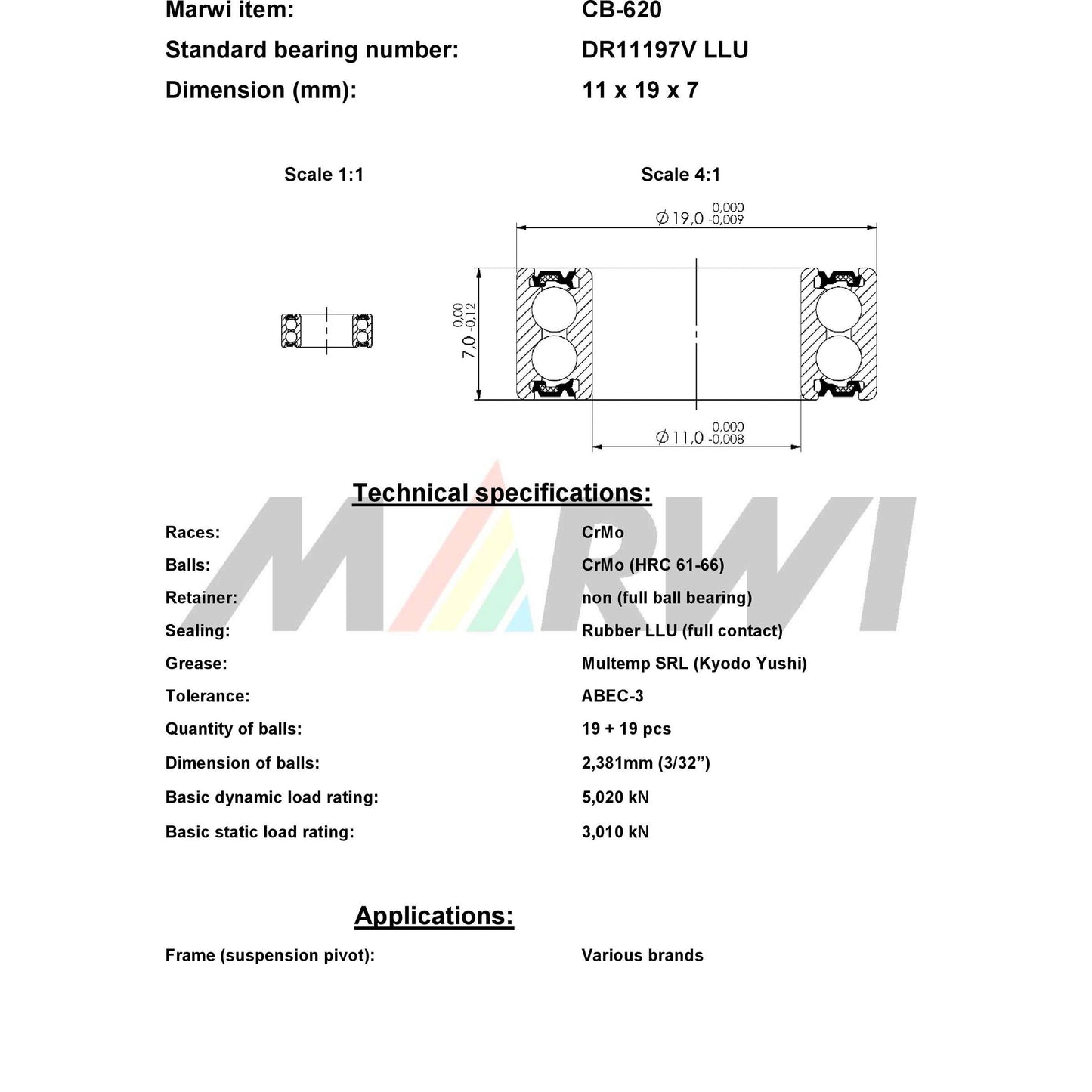 UNION kugellager ball bearing cb-620 11x19x7