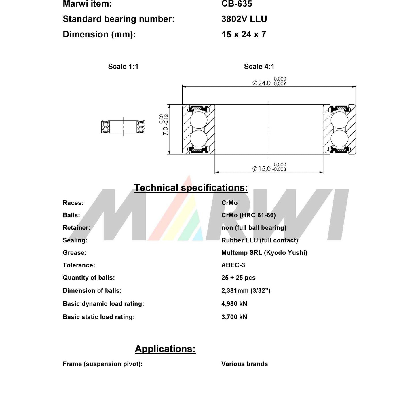 UNION kugellager ball bearing cb-635 15x24x7
