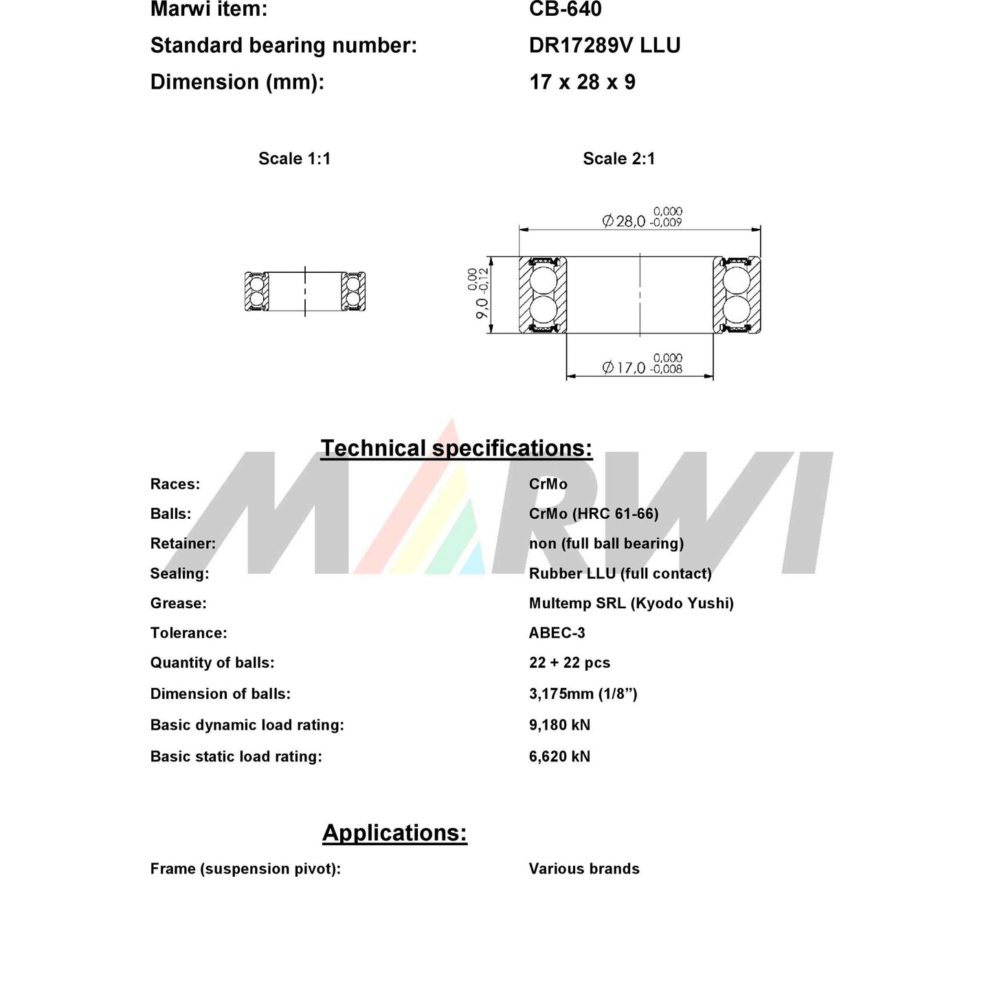 UNION kugellager ball bearing cb-640 17x28x9