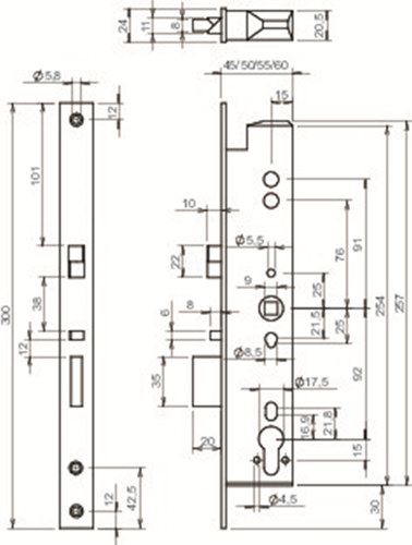 ABLOY el260 paniekdeurslot | signalering | zelfvergrendelend | dm40mm | pc92mm | voorplaat rvs 24x300mm rechthoekig | dr 1+2+3+4 - 10013784