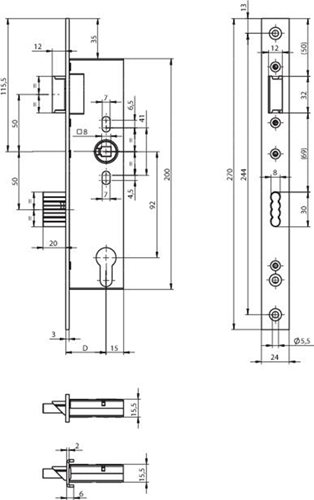 ASSA ABLOY n1500 deurslot | dm40mm | pc 92mm | krukgat 8mm | voorplaat rvs 24x270mm rechthoekig | zamac vernikkelde dagschoot | dr 1+3 2+4 - 10049531
