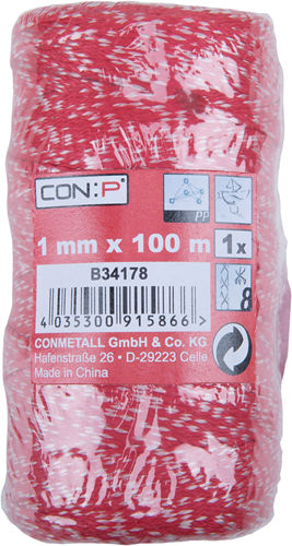CON:P pp touw 1mm 6kg rood wit bob 100m - b34178