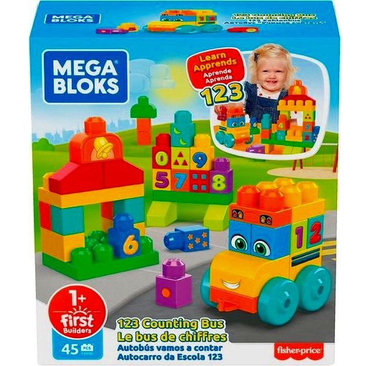 Mattel Mega bloks 1-2-3 tel bus met diverse blokken met cijfers