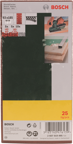 Bosch Accessoires 25-delige schuurbladenset vlak 93x185 voor vlakschuurmachines, korrel 40, 60, 80, 120 - 2607019495