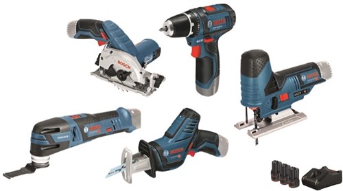 Bosch Blauw 5 toolkit gsr 12v-15 + gst 12v-70 + gop 12v-28 + gks 12v-26 + gsa 12v-14 (3x 3.0ah accu) - 0615a0017c