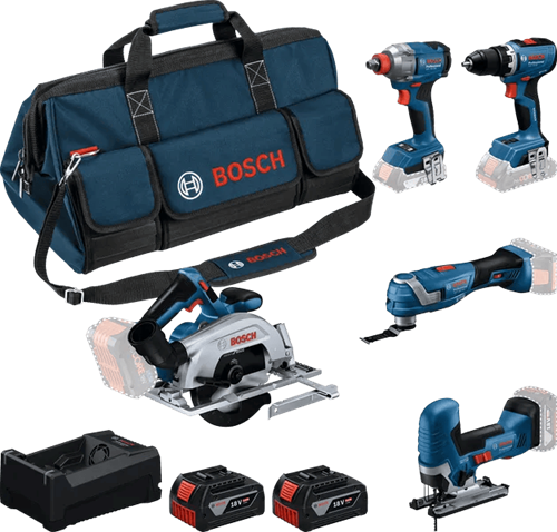 Bosch Blauw accutoolkit 5-toolkit 18v | gsr 18v-65 + gdx 18v-285 + gks 18v-57-2 + gop 18v-34 + gst 18v-125 s |incl. 2x gba 18v 5,0ah + lader - 0615a500bv