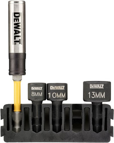 DeWalt Accessoires houder + impact magnetische zeskantdoppen | 5 stuks | 8 mm, 10 mm, 13 mm + flextorq schroefgeleider - dt70826-qz