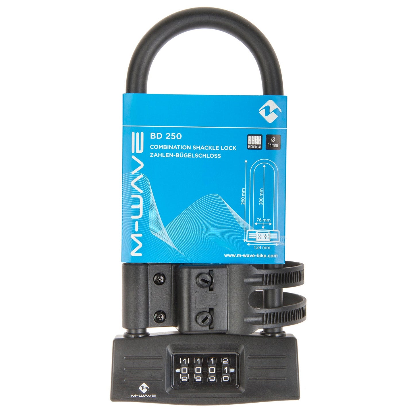 Messingschlager M-wave beugelslot met code en houder 124 mm. x 260 mm. zwart