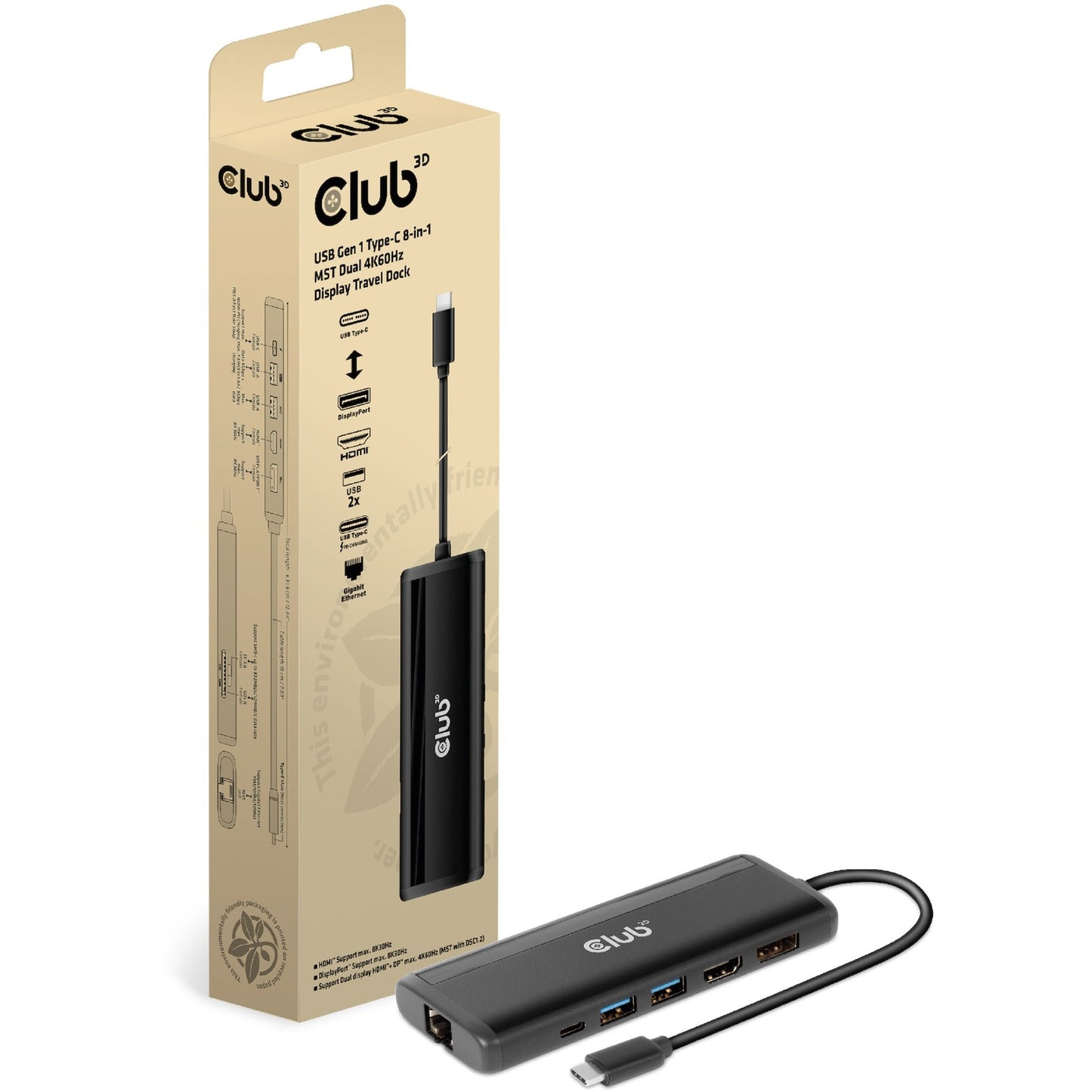 Club 3D usb gen 1 type-c 8-in-1 mst dual 4k60hz display travel dock dockingstation (zwart)