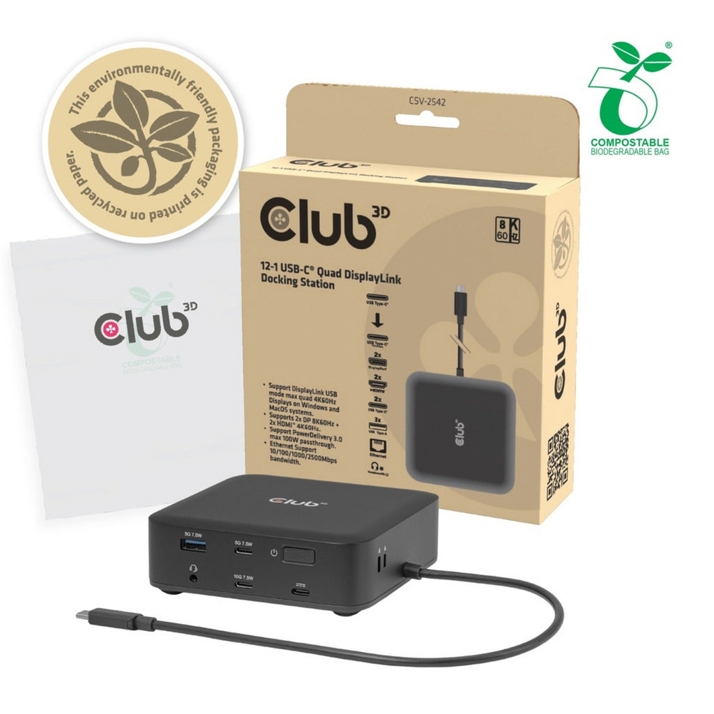 Club 3D 12-1 usb-c® quad displaylink dockingstation (zwart)