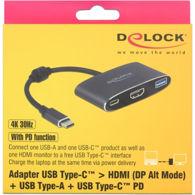 DeLOCK usb-c male > hdmi female + usb-a + usb-c pd adapter (zwart, 0,2 meter, 4k 30hz)