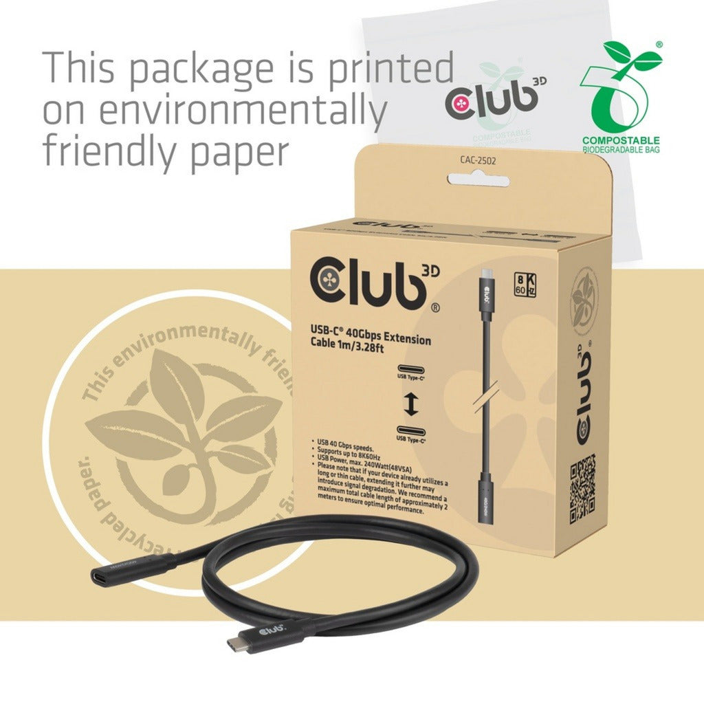 Club 3D usb-c 40 gbps verlengkabel (zwart, 1 meter, 8k 60hz, pd 240 watt)