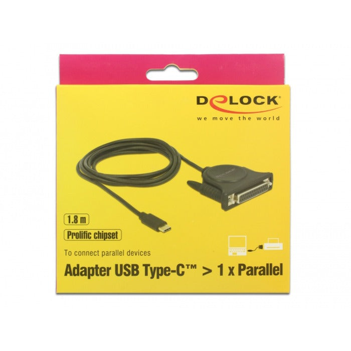 DeLOCK usb-c 2.0 male > 1 x parallel db25 female kabel (zwart, 1,8 meter )