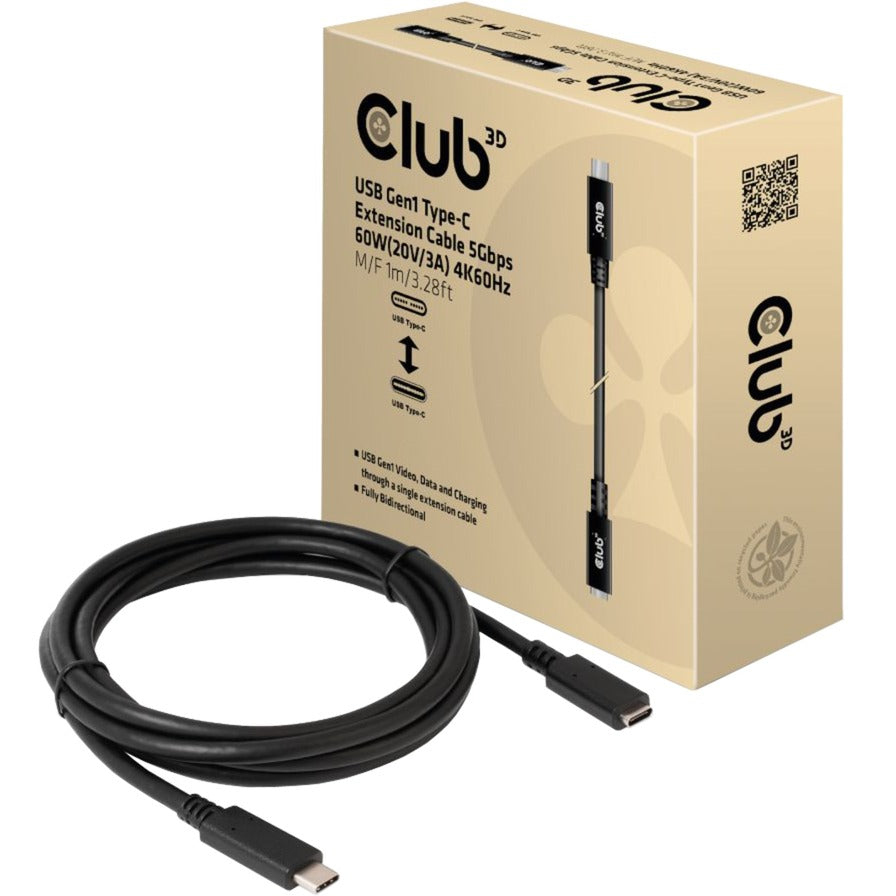 Club 3D usb-c gen 1 verlengkabel (zwart, 1 meter, 5 gbp s, 60 watt)
