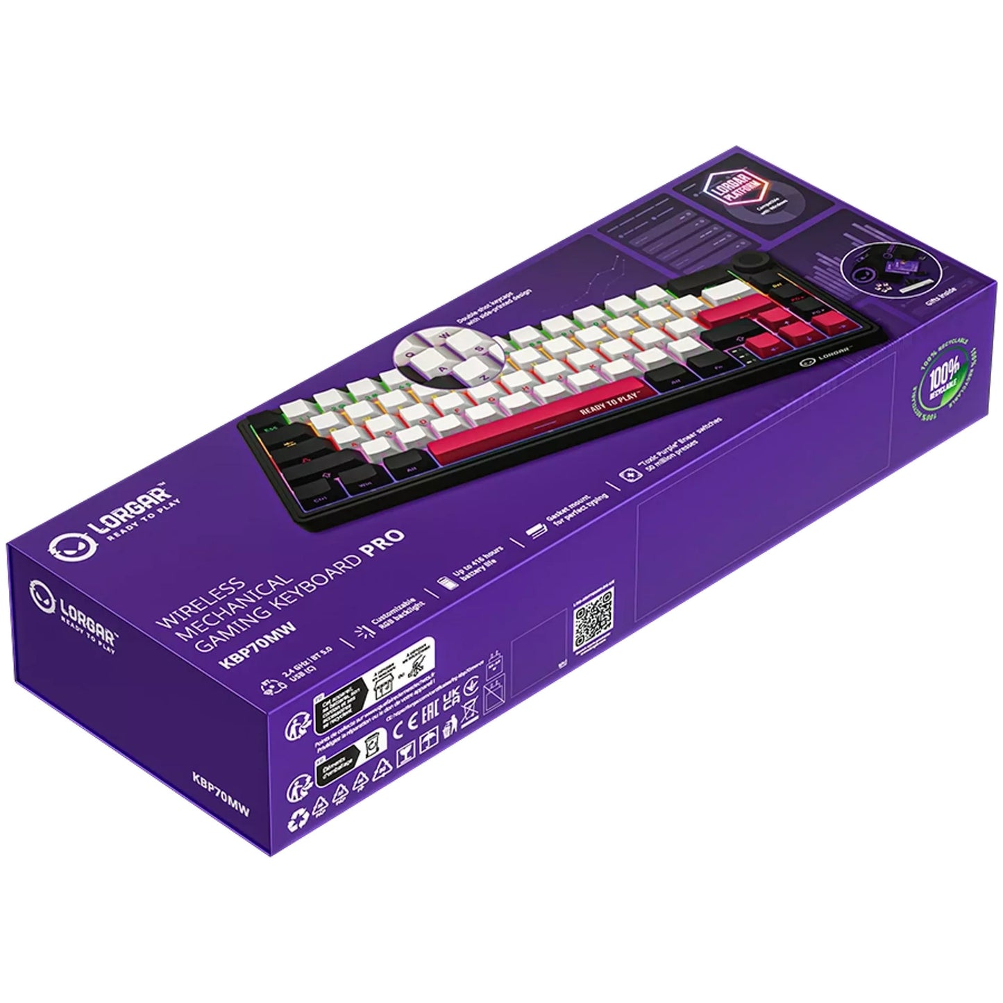 LORGAR kbp70mw rgb mechanisch gaming toetsenbord (zwart, us lay-out (qwerty), logar toxic purple, 65%, rgb, hot-swappable, pbt double-shot, bluetooth | 2.4ghz | usb)