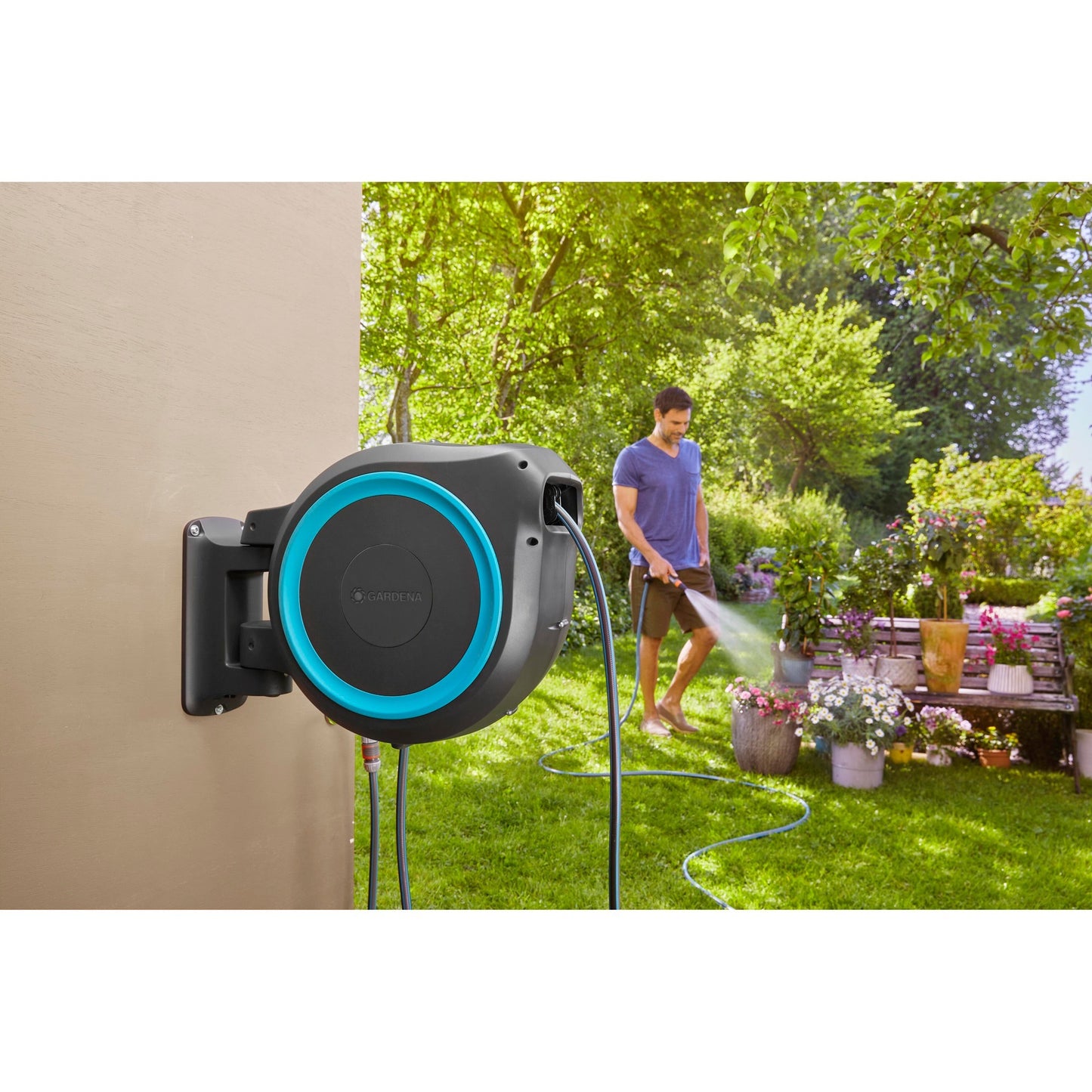 GARDENA wandslangenbox rollup m l slanghaspel (grijs turquoise, 18620-20, 25 m)