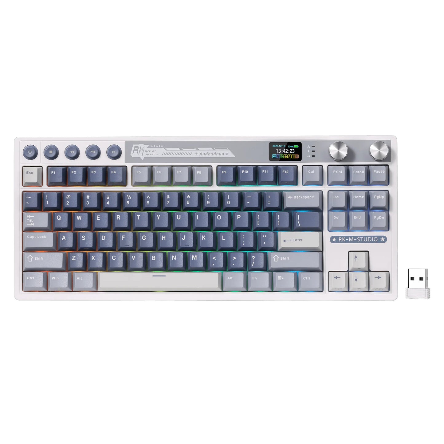Royal Kludge M87 TKL draadloos gaming toetsenbord (US lay-out (QWERTY), 80% (TKL), Ocean Blue, Cream switch, RGB, Hot swap, 2.4 GHz | USB-C | Bluetooth)