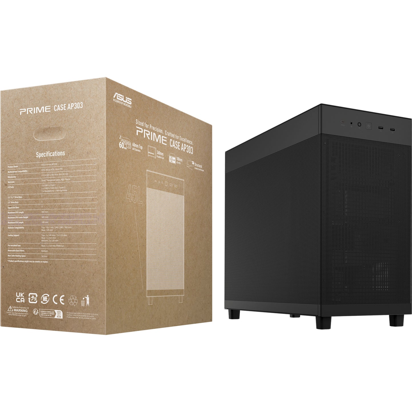 ASUS prime ap303 - mesh panel midi tower behuizing (zwart | 2x usb-a | 1x usb-c)
