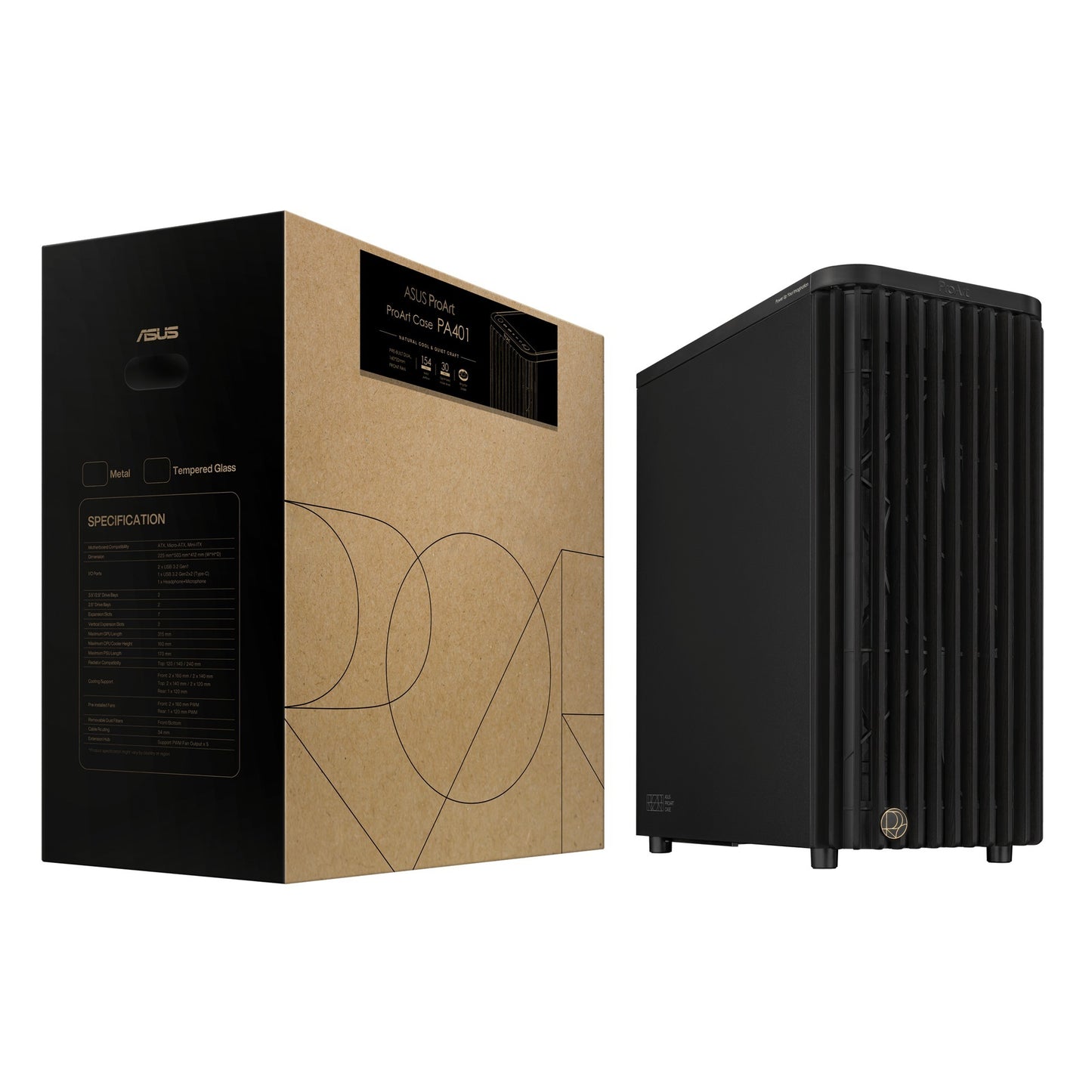 ASUS proart pa401 wood edition - metal panel midi tower behuizing (zwart | 2x usb-a | 1x usb-c)