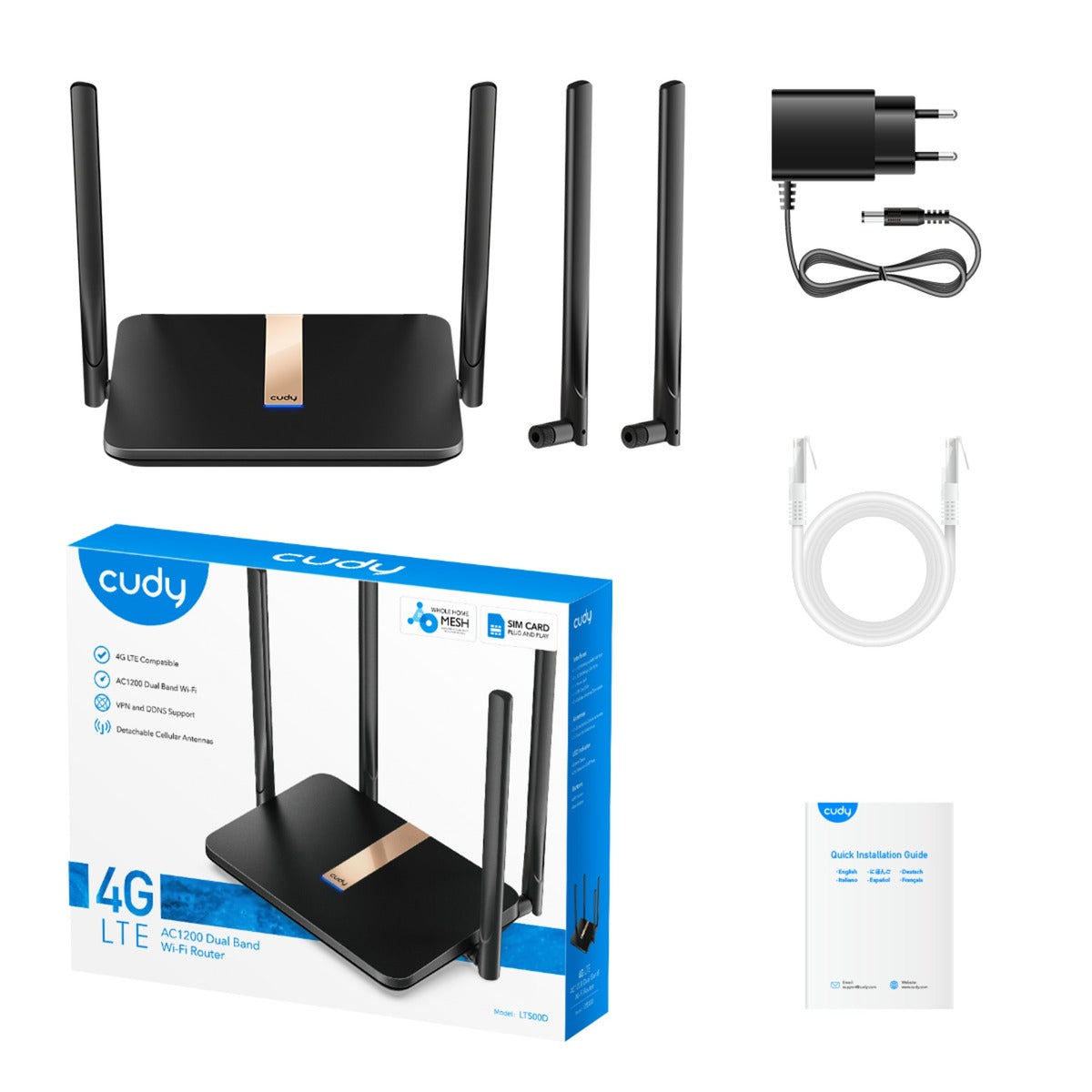 Cudy ac1200 wi-fi mesh 4g lte cat4 mesh router (zwart, mesh, app, nano sim-slot)