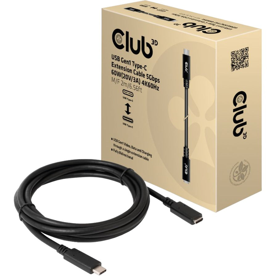 Club 3D usb-c gen 1 verlengkabel (zwart, 2 meter, 5 gbp s, 60 watt)
