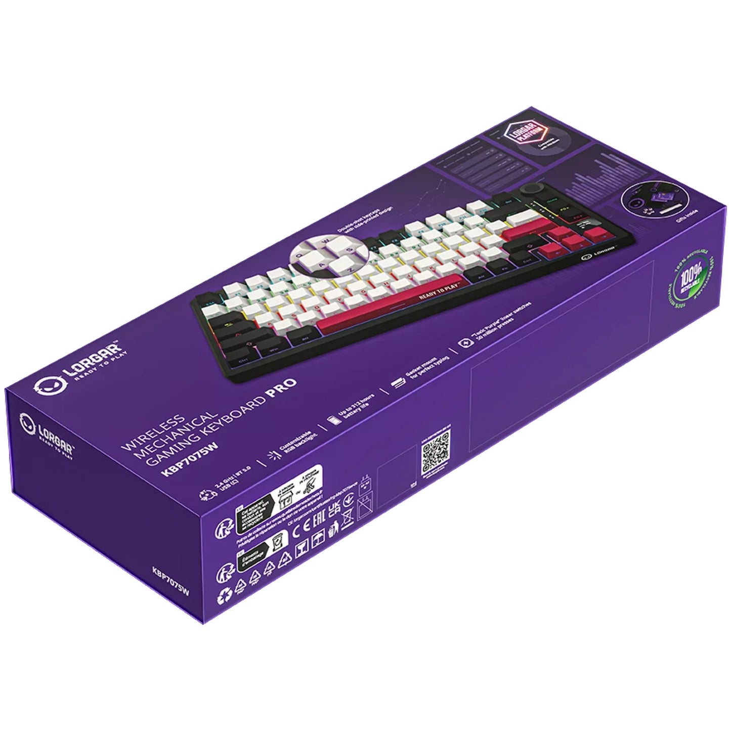 LORGAR kbp7075w rgb mechanisch gaming toetsenbord (zwart, us lay-out (qwerty), logar toxic purple, 75%, rgb, hot-swappable, pbt double-shot, bluetooth | 2.4ghz | usb)