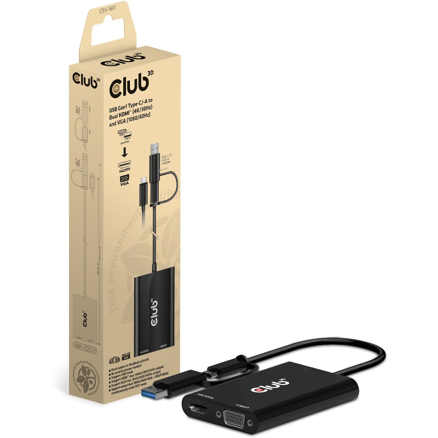 Club 3D usb gen1 type-c -a to dual hdmi (4k 30hz) vga (1080 60hz) adapter (zwart)
