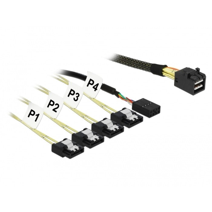 DeLOCK mini sas hd sff-8643 > 4x sata 7-pin adapter (zwart, 1 meter + sideband 1 m metal)
