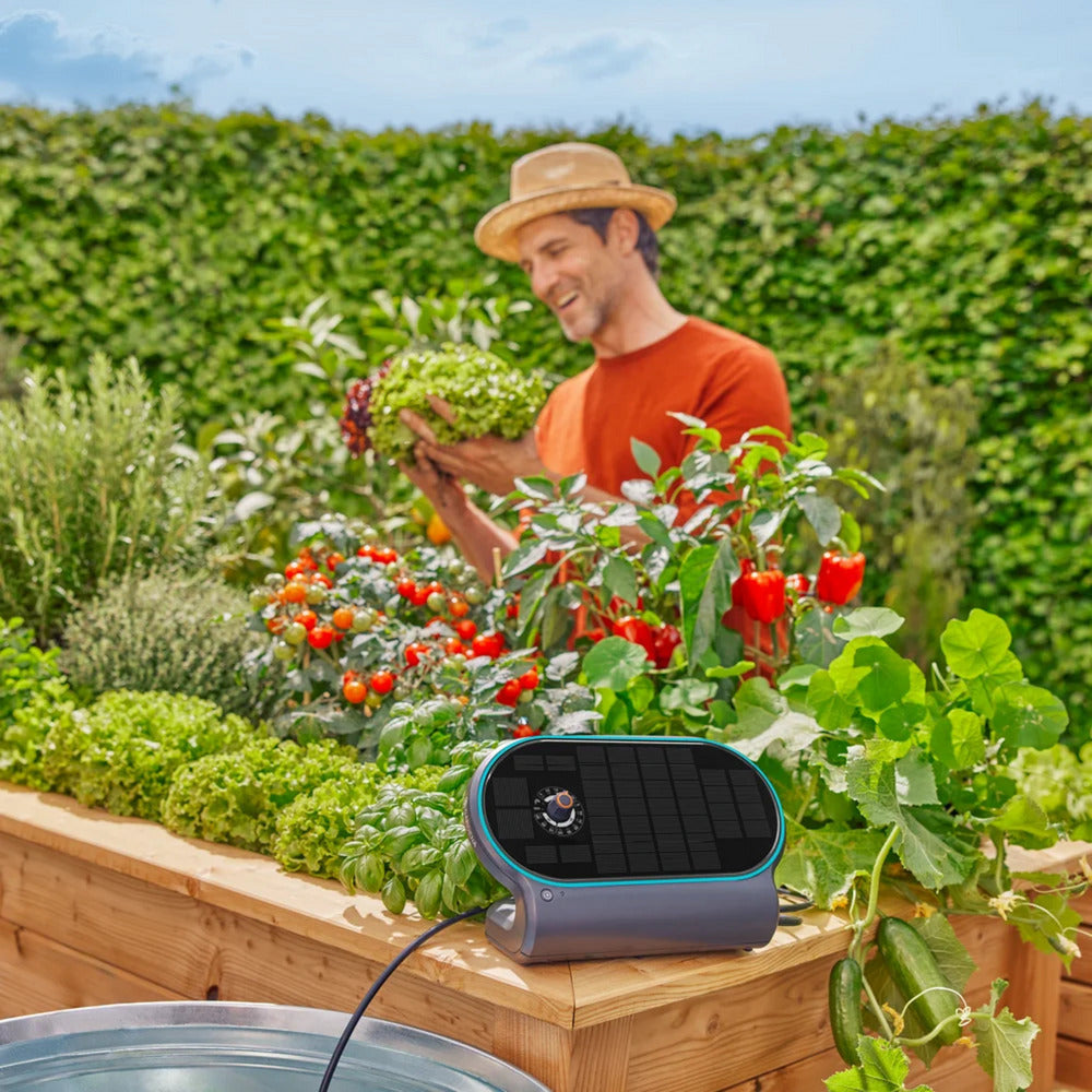 GARDENA aquabloom set l voor bewatering op zonne-energie besproeiingscomputer (grijs turquoise, automatisch besproeiingssysteem, accu inbegrepen)