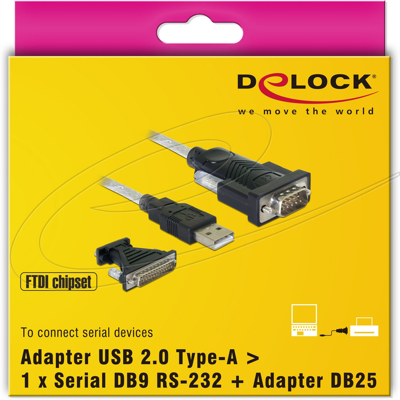 DeLOCK adapter usb 2.0 type-a > 1 x serial db9 rs-232 + adapter db25 (1.8 meter)