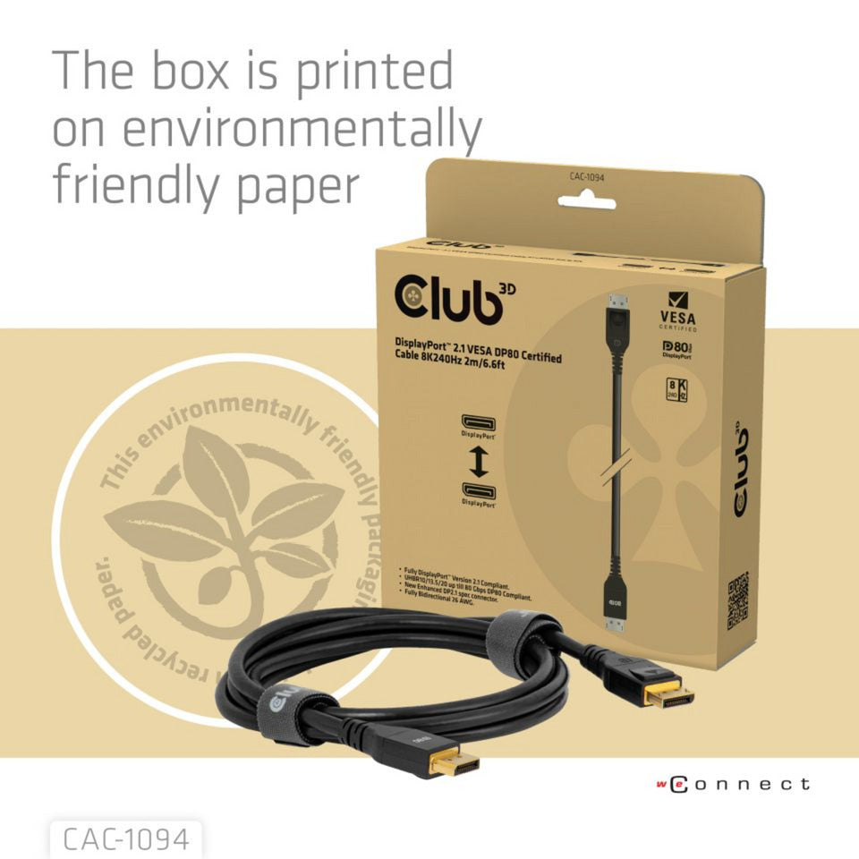 Club 3D displayport 2.1 vesa dp80 gecertificeerde kabel male-male (zwart, 2 meter, 8k 240hz, 10k 60hz, 80gbps)