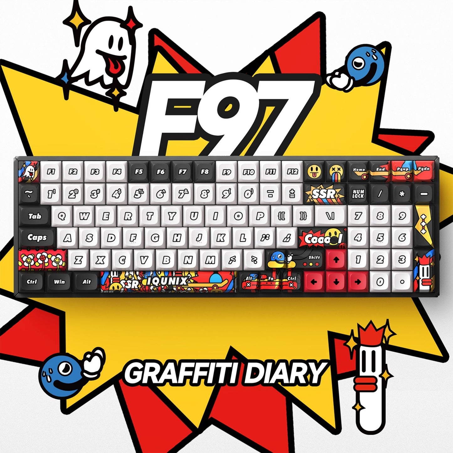 Iqunix F97 Graffiti Diary Wireless Mechanical Keyboard (Zwart, US lay-out (QWERTY), Cherry MX Silent Red, 96%, RGB leds, Hot-swappable, PBT, 2.4GHz | Bluetooth 5.1 | USB-C)