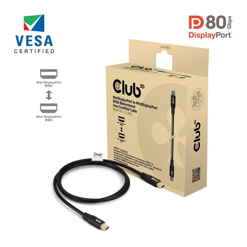 Club 3D minidisplayport naar minidisplayport dp80 bidirectioneel kabel (zwart, 1 meter, vesa-gecertificeerd)