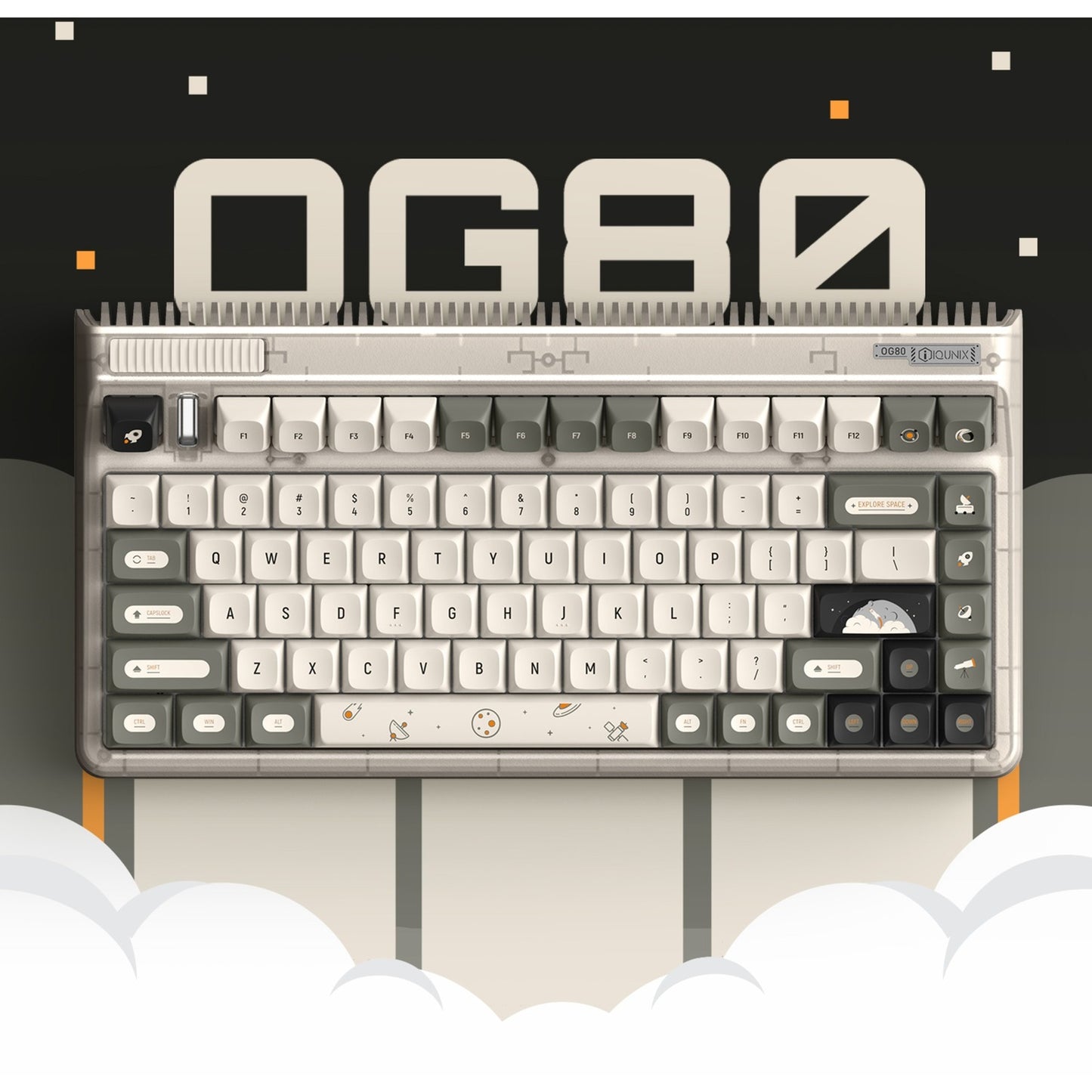 Iqunix OG80 Hitchhiker Wireless Mechanical Keyboard (Grijs, US lay-out (QWERTY), Cherry MX Silent Red, 80% (TKL), RGB leds, Hot-swappable, PBT, 2.4GHz | Bluetooth 5.1 | USB-C)