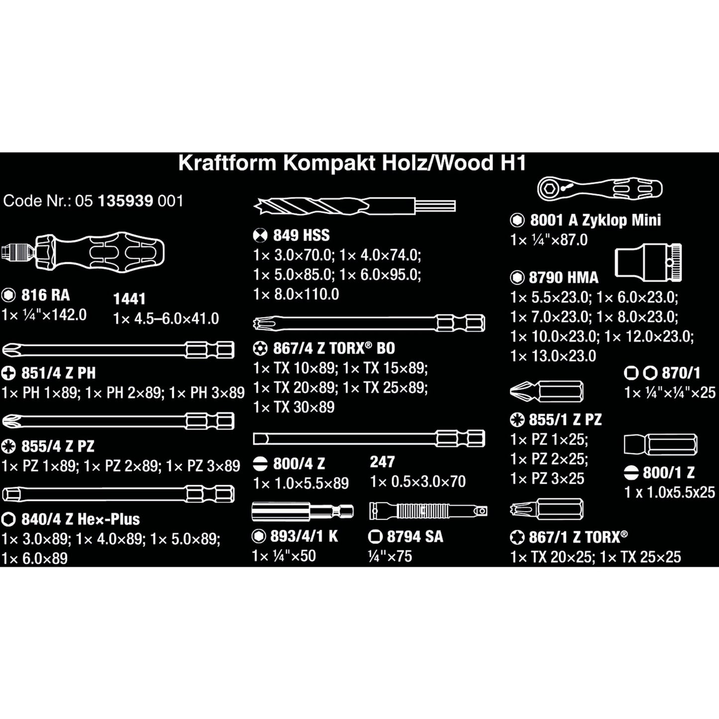 Wera kraftform kompakt h 1 hout, 41‑delig gereedschapsset (zwart groen)