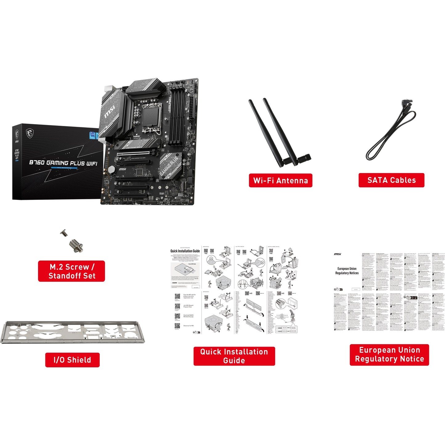 MSI b760 gaming plus wifi socket 1700 moederbord (grijs zwart, raid, 2.5gb-lan, wi-fi 6e, bt, sound, atx)