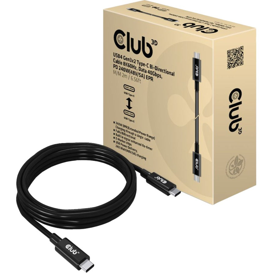 Club 3D usb4 gen3x2 type-c bi-directional kabel, 2 meter (zwart, 8k60hz, data 40gbps, pd 240w(48v 5a) epr)