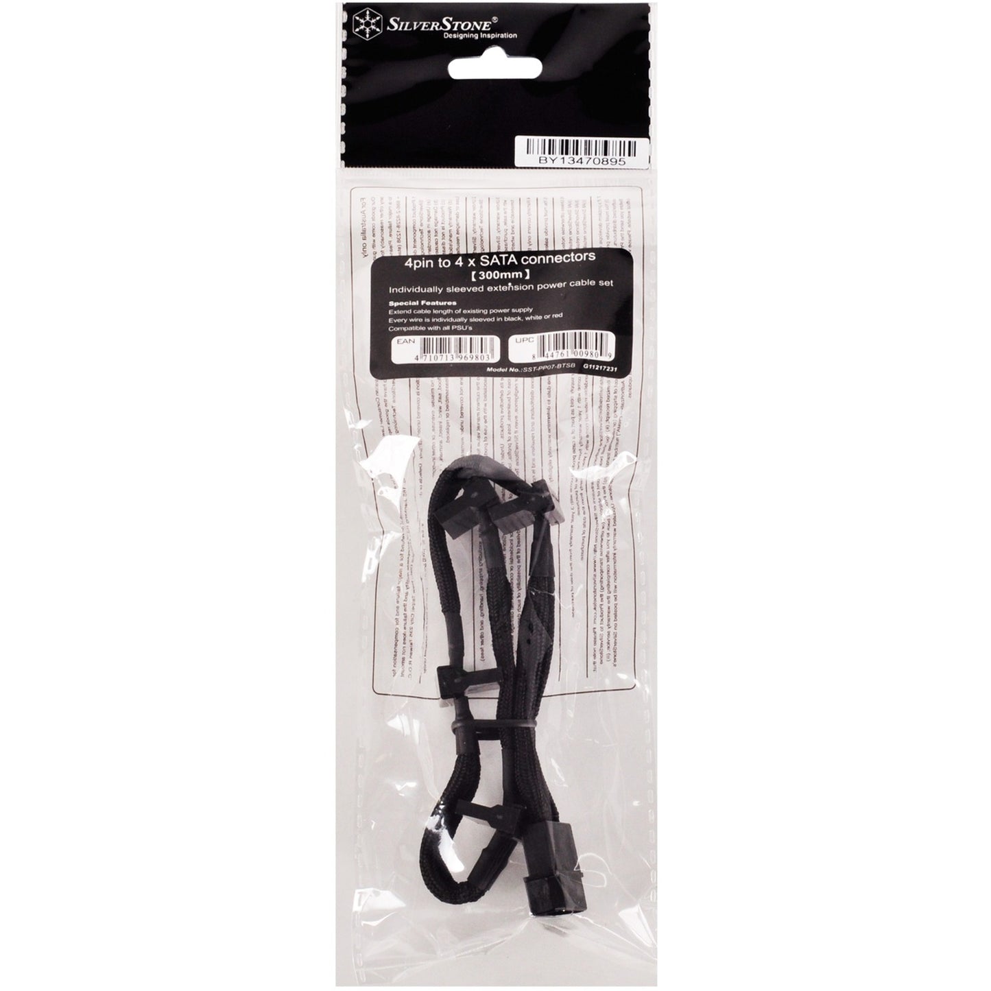 SilverStone adapter 4-pin molex > 4x 15-pin sata (zwart, pp07-btsb)