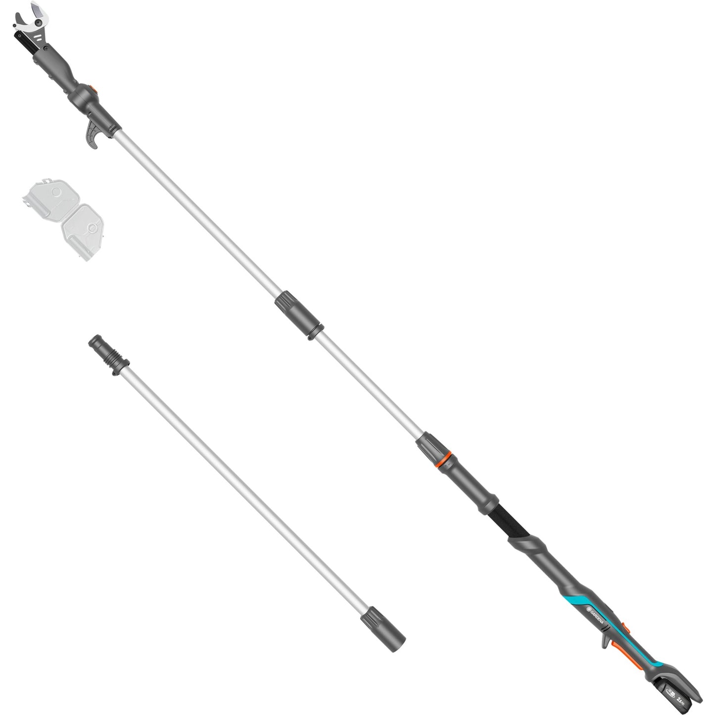 GARDENA accu-telescooptakkenschaar highcut 360 18v p4a gebruiksklare set boomschaar (donkergrijs turquoise, incl. oplader en li-ion-accu 2,0ah | power for all alliance)