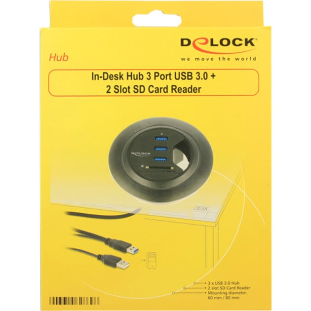 DeLOCK in-desk hub 3 port usb 3.0 + 2 slot sd card reader kaartlezer