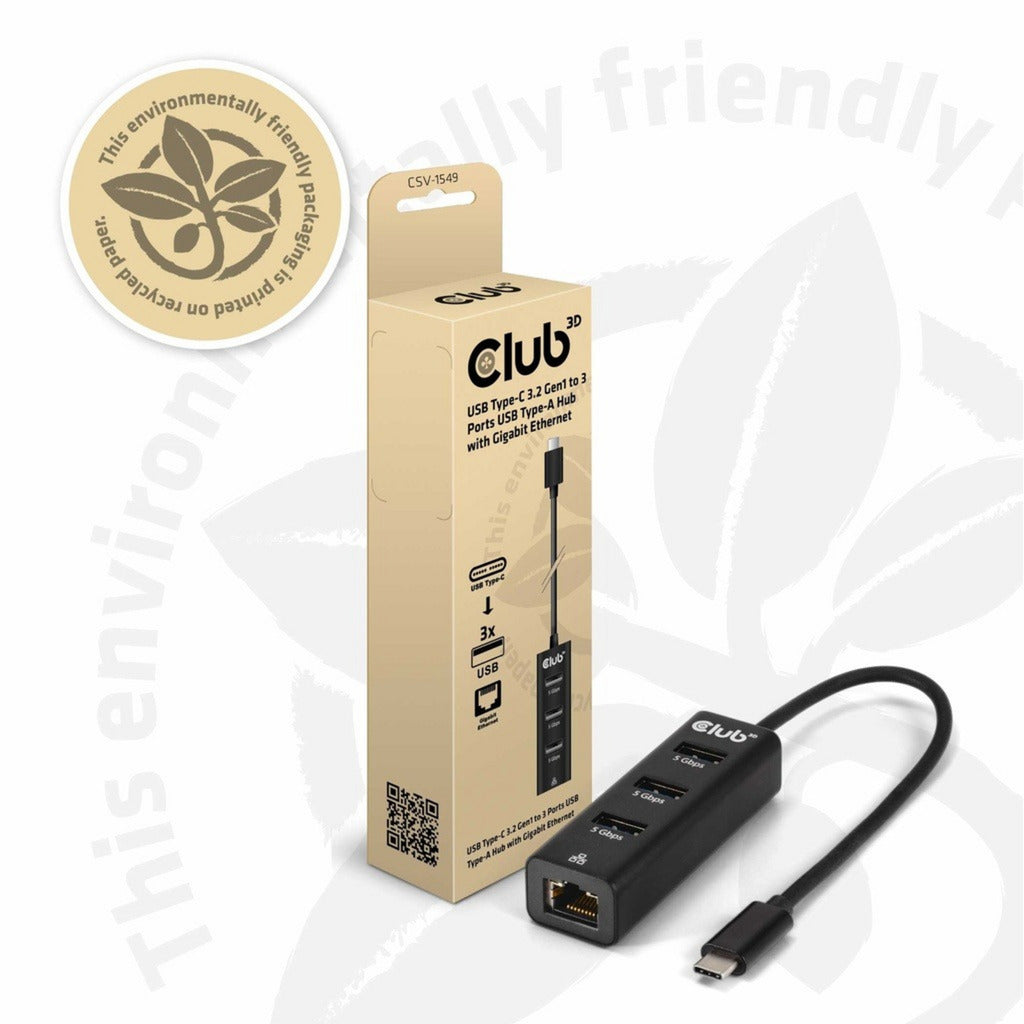 Club 3D usb-c 5 gbps naar 3 poorten usb type-a-hub met gigabit ethernet adapter (zwart)